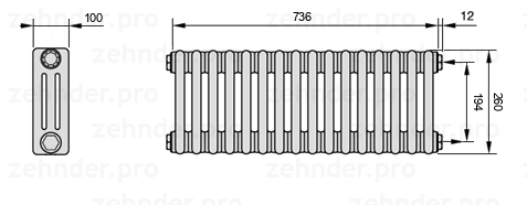 Схема (чертеж) Радиатор Zehnder Charleston 3026/16 №7610 Белый глянцевый RAL 9016